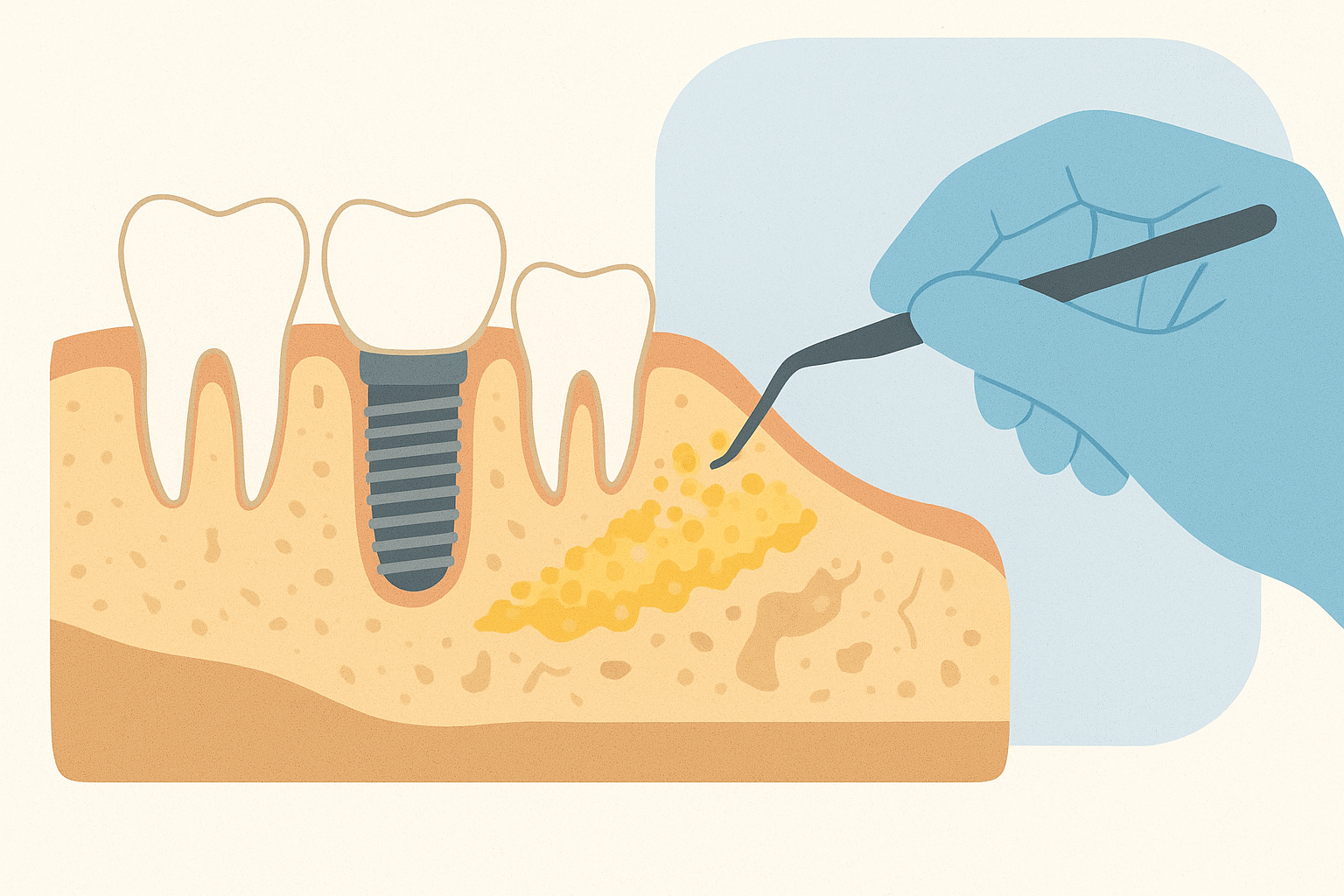 Una ilustración que muestra la regeneración ósea para colocar un implante dental.